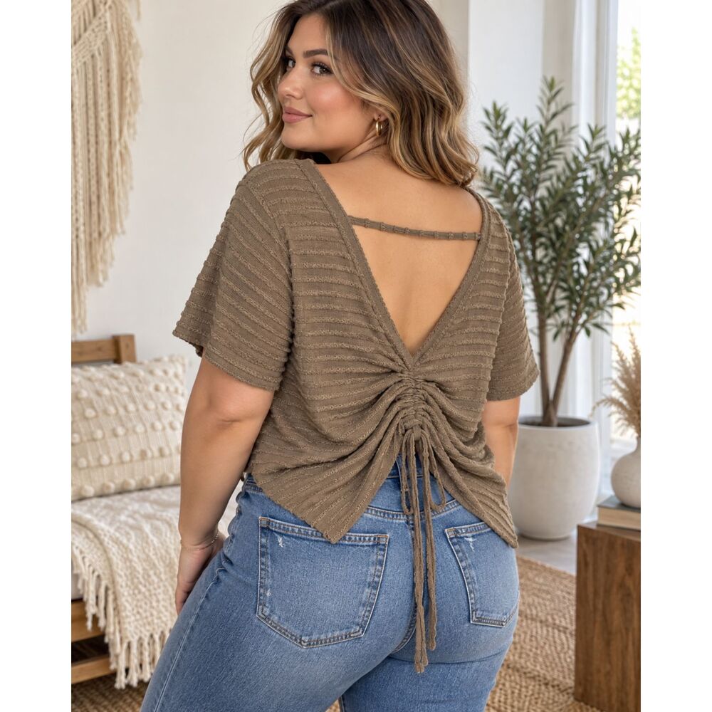 SHEIN 0XL Taupe Textured Knit Ruched Drawstring Open Back Boho Top